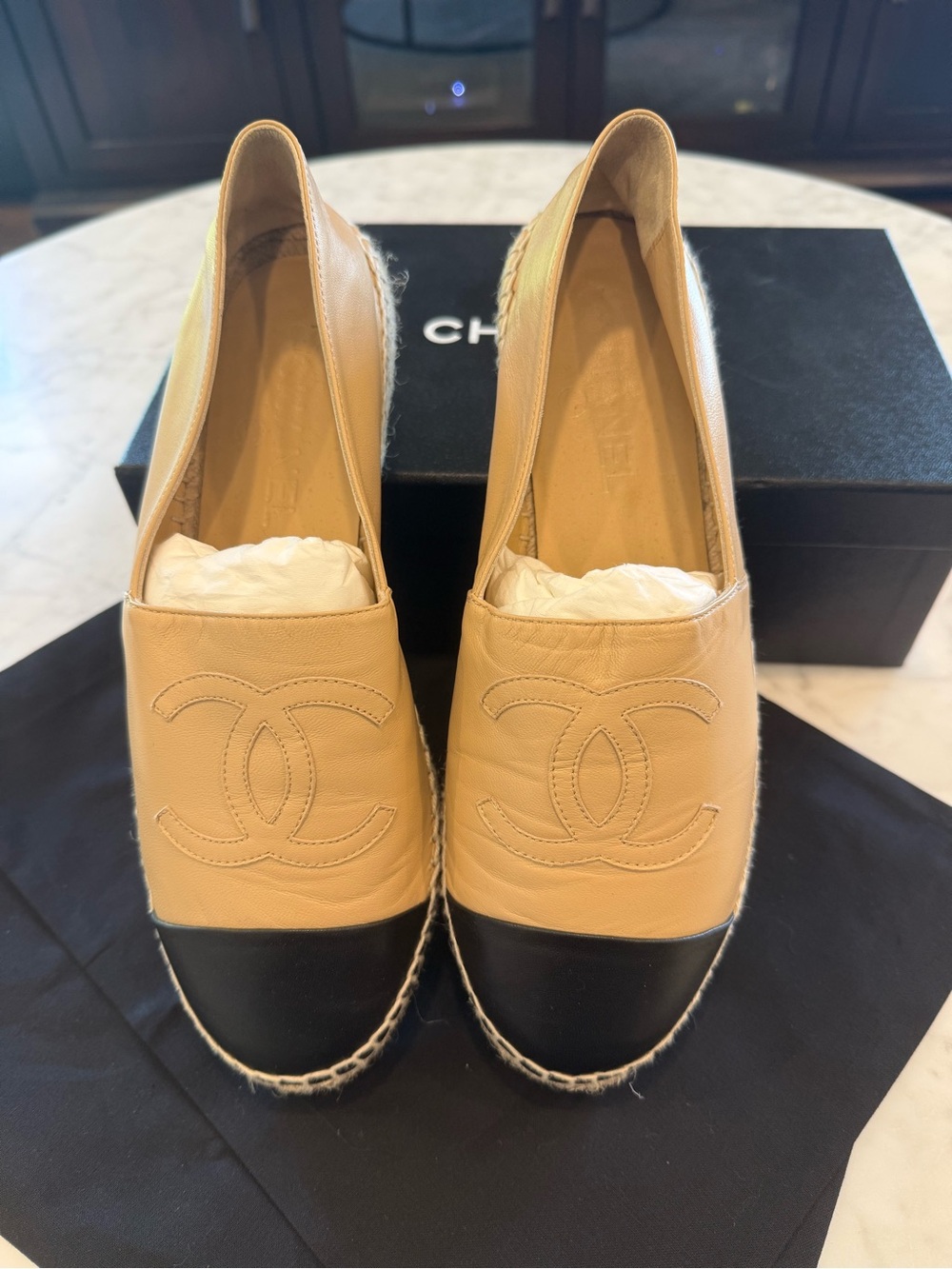 CHANEL Beige + Black Espadrille Flats - Picture 1 of 6